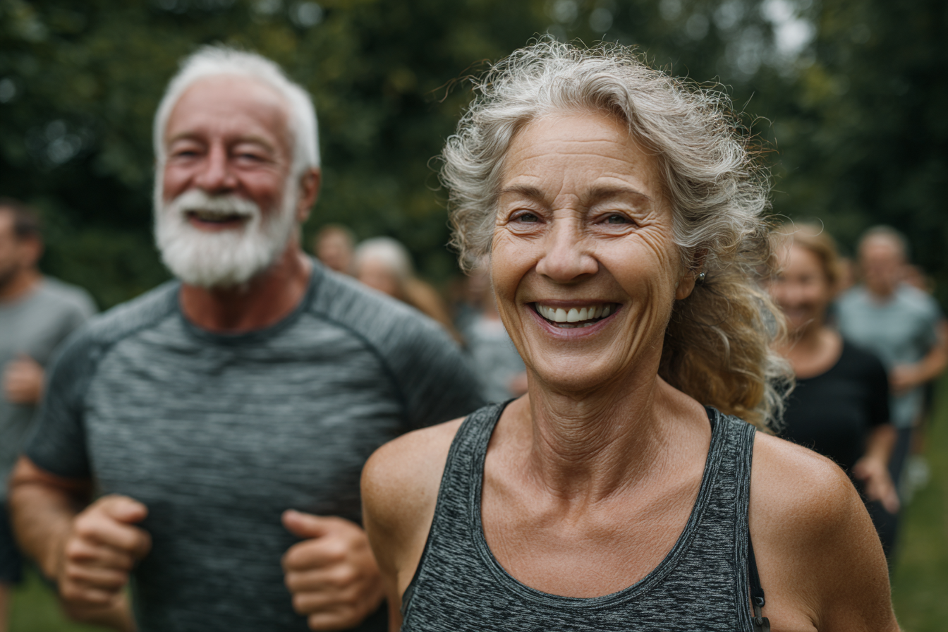 Grupo de seniors a fazer exercício ao ar livre em Portugal